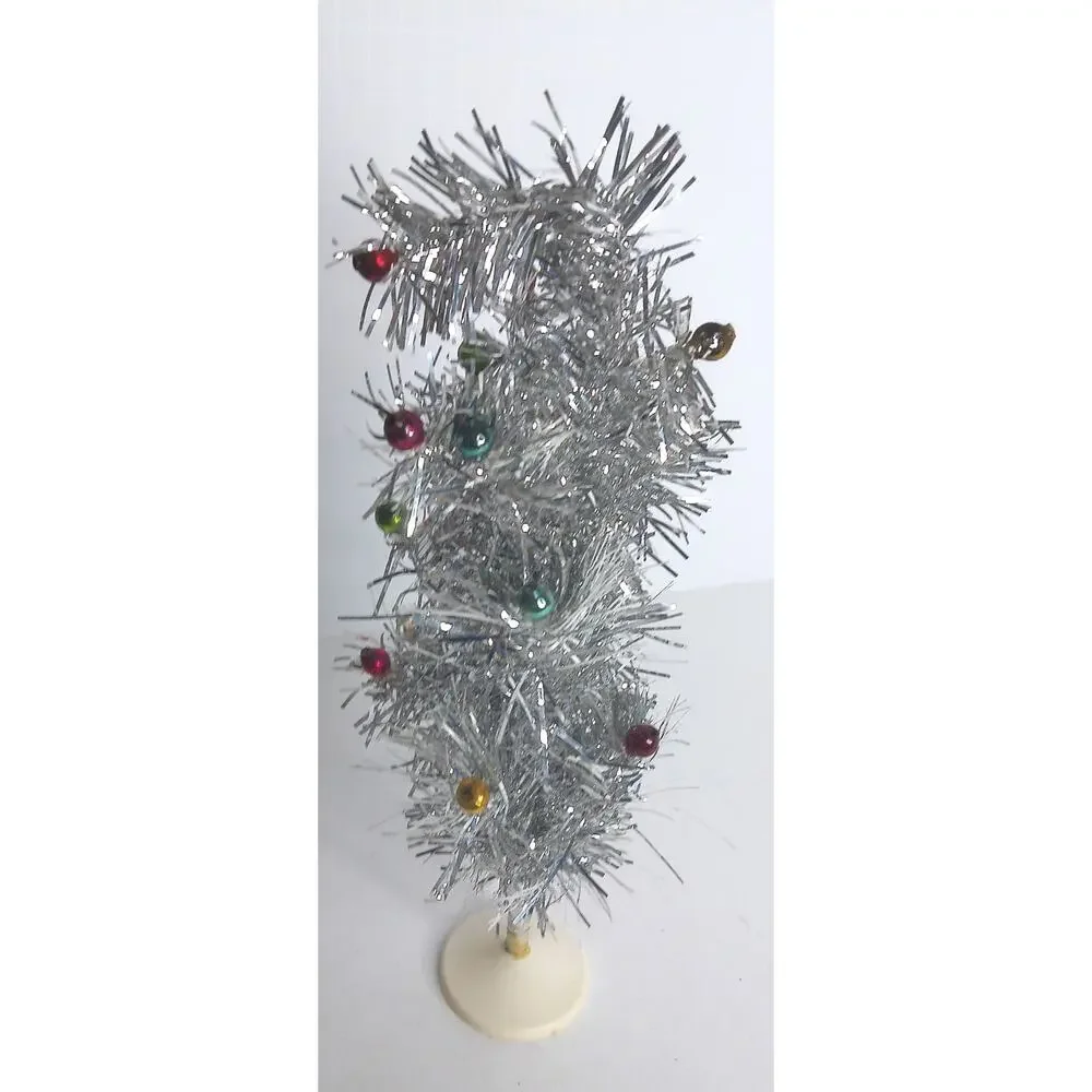 Vintage Silver Aluminum Tabletop Feather Tree With Mercury Ball Ornaments
